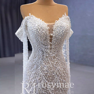 Beaded Pearl Mermaid Wedding Dress Bridal Dress with Off the Shoulder - Rosymae