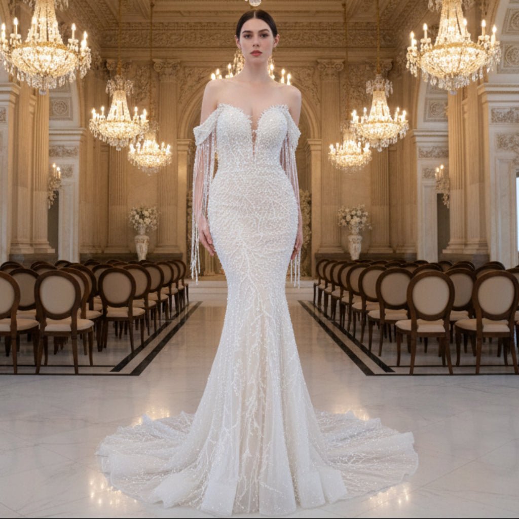 Beaded Pearl Mermaid Wedding Dress Bridal Dress with Off the Shoulder - Rosymae