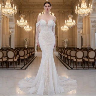 Beaded Pearl Mermaid Wedding Dress Bridal Dress with Off the Shoulder - Rosymae