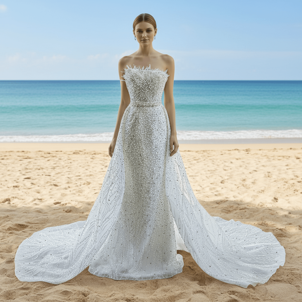 mermaid pearl white wedding dress Ivory Satin Wedding Dress with Removable Train - Sleeveless Mermaid Wedding Dress with Pearl Straps Plus Size
