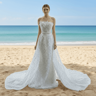 Beaded Pearl Mermaid Wedding Dresses with Detachable Skirt - Rosymae