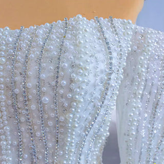 Beaded Pearl Off Shoulder Ball Gown Wedding Dress with Long Sleeve - Rosymae