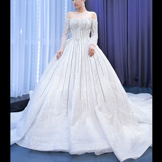 Beaded Pearl Off Shoulder Ball Gown Wedding Dress with Long Sleeve - Rosymae