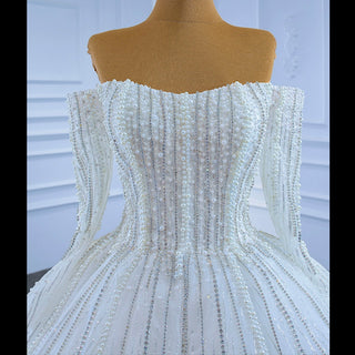 Beaded Pearl Off Shoulder Ball Gown Wedding Dress with Long Sleeve - Rosymae