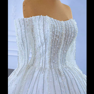 Beaded Pearl Off Shoulder Ball Gown Wedding Dress with Long Sleeve - Rosymae