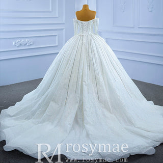 Beaded Pearl Off Shoulder Ball Gown Wedding Dress with Long Sleeve - Rosymae