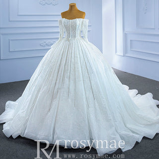Beaded Pearl Off Shoulder Ball Gown Wedding Dress with Long Sleeve - Rosymae