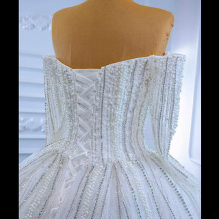 Beaded Pearl Off Shoulder Ball Gown Wedding Dress with Long Sleeve - Rosymae
