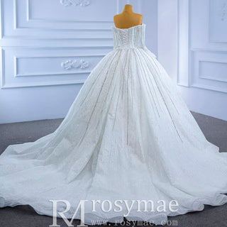 Beaded Pearl Off Shoulder Ball Gown Wedding Dress with Long Sleeve - Rosymae