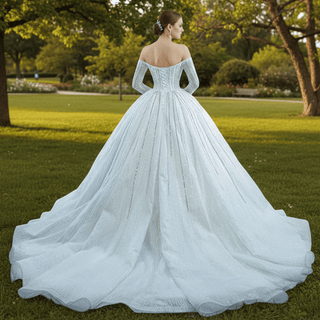 Beaded Pearl Off Shoulder Ball Gown Wedding Dress with Long Sleeve - Rosymae