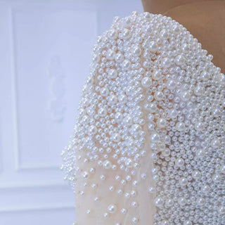 Beaded Pearls Ball Gown Wedding Dress with One Shoulder Long Sleeve - Rosymae
