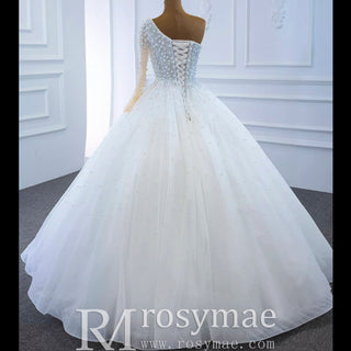 Beaded Pearls Ball Gown Wedding Dress with One Shoulder Long Sleeve - Rosymae