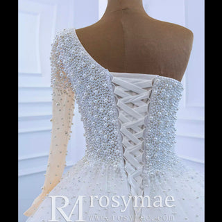 Beaded Pearls Ball Gown Wedding Dress with One Shoulder Long Sleeve - Rosymae