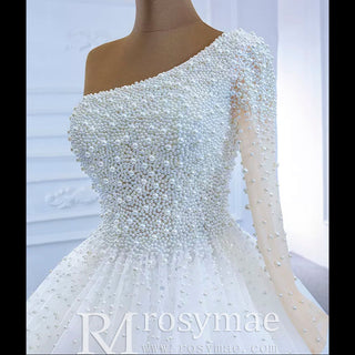 Beaded Pearls Ball Gown Wedding Dress with One Shoulder Long Sleeve - Rosymae