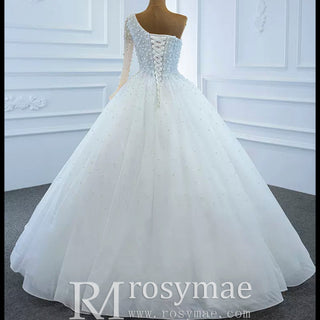 Beaded Pearls Ball Gown Wedding Dress with One Shoulder Long Sleeve - Rosymae