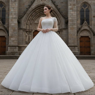 Beaded Pearls Ball Gown Wedding Dress with One Shoulder Long Sleeve - Rosymae