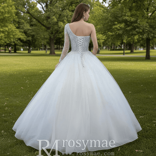 Beaded Pearls Ball Gown Wedding Dress with One Shoulder Long Sleeve - Rosymae