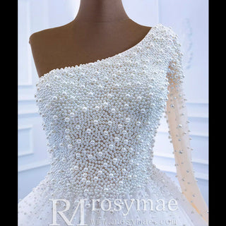 Beaded Pearls Ball Gown Wedding Dress with One Shoulder Long Sleeve - Rosymae