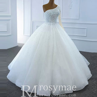 Beaded Pearls Ball Gown Wedding Dress with One Shoulder Long Sleeve - Rosymae