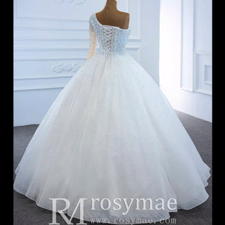 Beaded Pearls Ball Gown Wedding Dress with One Shoulder Long Sleeve - Rosymae