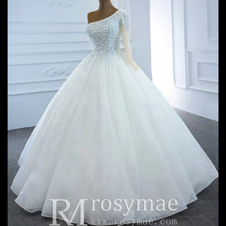 Beaded Pearls Ball Gown Wedding Dress with One Shoulder Long Sleeve - Rosymae