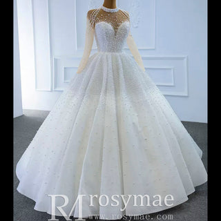 Beaded Pearls Long Sleeve Wedding Dress Luxury O-neck Bridal Gown - Rosymae