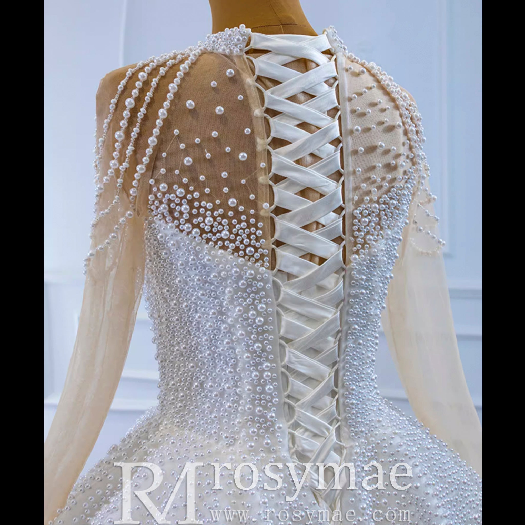 Beaded Pearls Long Sleeve Wedding Dress Luxury O-neck Bridal Gown - Rosymae