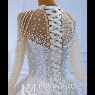 Beaded Pearls Long Sleeve Wedding Dress Luxury O-neck Bridal Gown - Rosymae