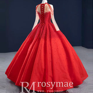 Beaded Pearls Long Sleeve Wedding Dress Luxury O-neck Bridal Gown - Rosymae