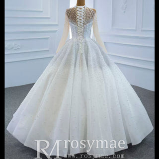Beaded Pearls Long Sleeve Wedding Dress Luxury O-neck Bridal Gown - Rosymae