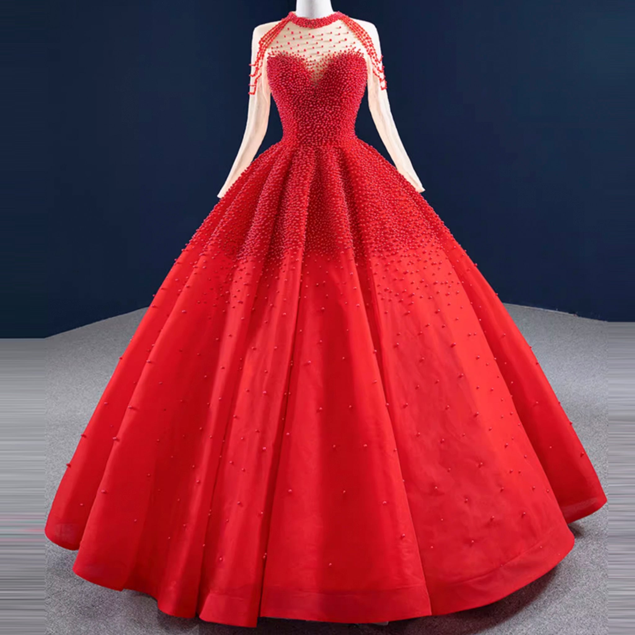 Beaded Pearls Long Sleeve Wedding Dress Luxury O-neck Bridal Gown - Rosymae