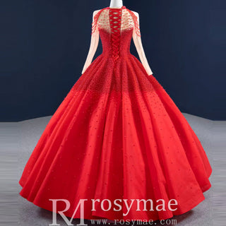 Beaded Pearls Long Sleeve Wedding Dress Luxury O-neck Bridal Gown - Rosymae