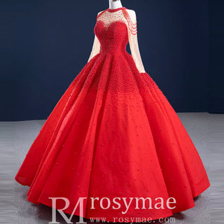 Beaded Pearls Long Sleeve Wedding Dress Luxury O-neck Bridal Gown - Rosymae