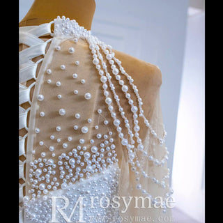 Beaded Pearls Long Sleeve Wedding Dress Luxury O-neck Bridal Gown - Rosymae