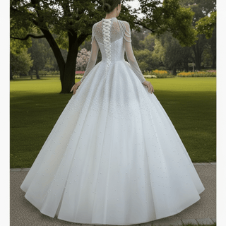 Beaded Pearls Long Sleeve Wedding Dress Luxury O-neck Bridal Gown - Rosymae