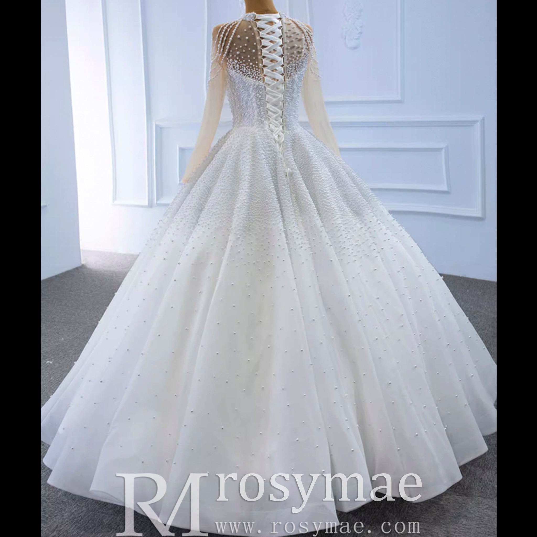Beaded Pearls Long Sleeve Wedding Dress Luxury O-neck Bridal Gown - Rosymae