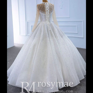 Beaded Pearls Long Sleeve Wedding Dress Luxury O-neck Bridal Gown - Rosymae