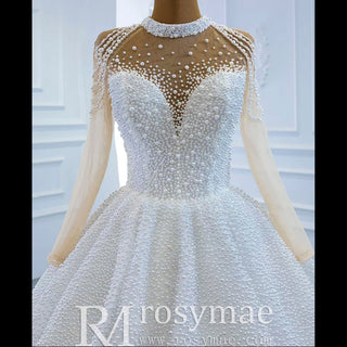 Beaded Pearls Long Sleeve Wedding Dress Luxury O-neck Bridal Gown - Rosymae