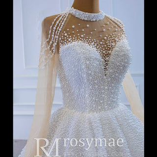 Beaded Pearls Long Sleeve Wedding Dress Luxury O-neck Bridal Gown - Rosymae