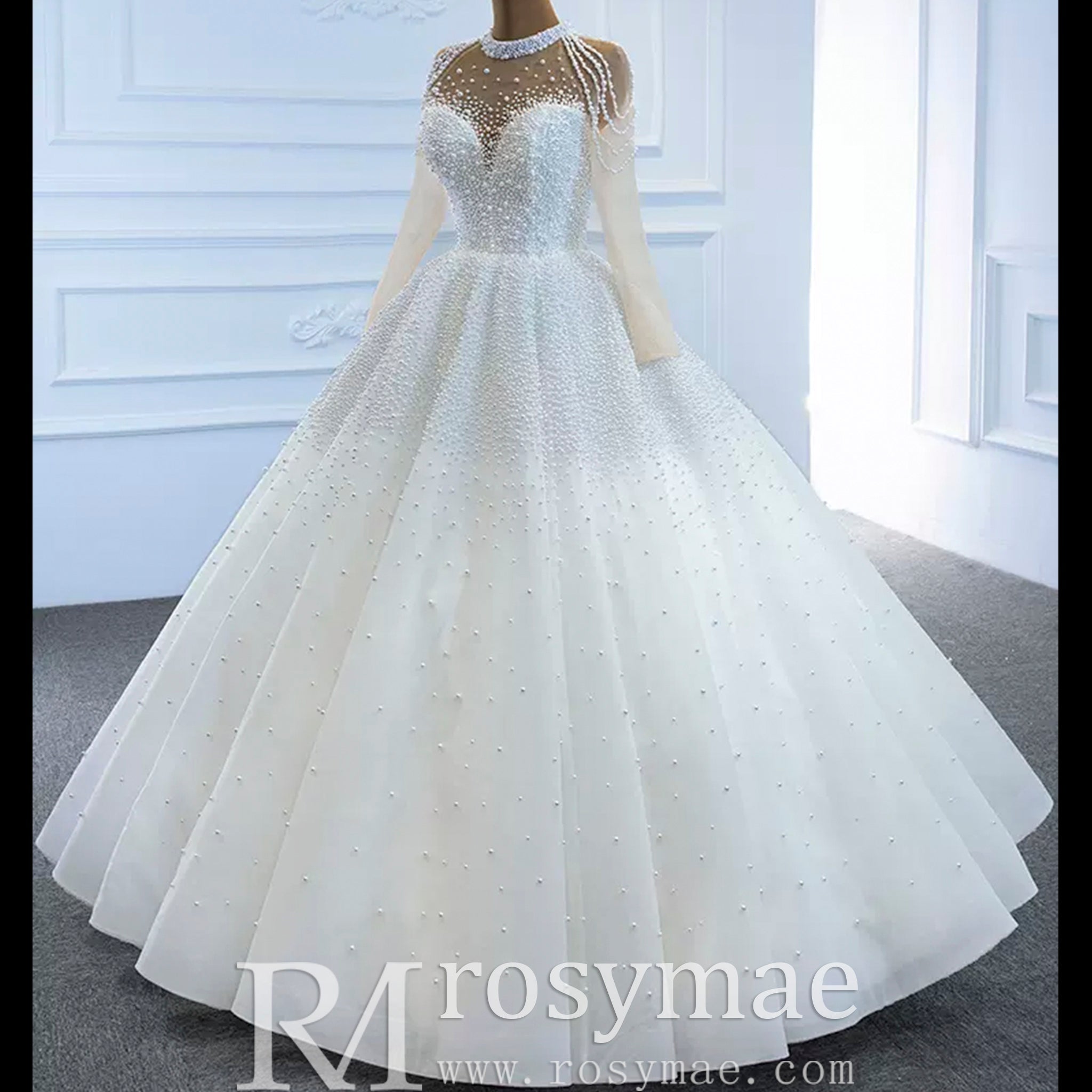 Beaded Pearls Long Sleeve Wedding Dress Luxury O-neck Bridal Gown - Rosymae