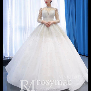 Beaded Pearls Long Sleeve Wedding Dress Luxury O-neck Bridal Gown - Rosymae
