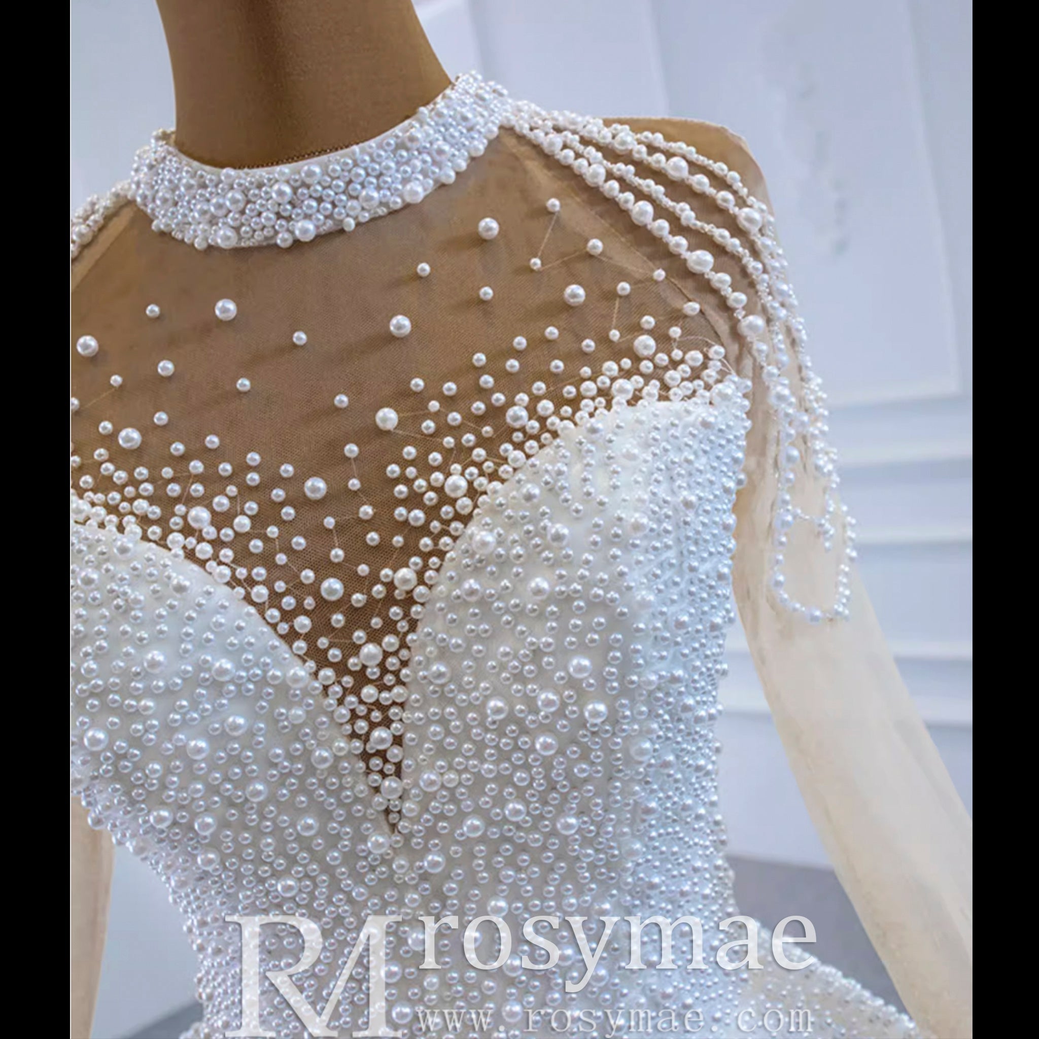 Beaded Pearls Long Sleeve Wedding Dress Luxury O-neck Bridal Gown - Rosymae