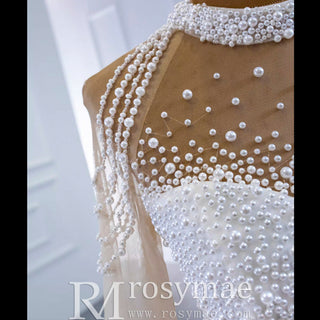 Beaded Pearls Long Sleeve Wedding Dress Luxury O-neck Bridal Gown - Rosymae