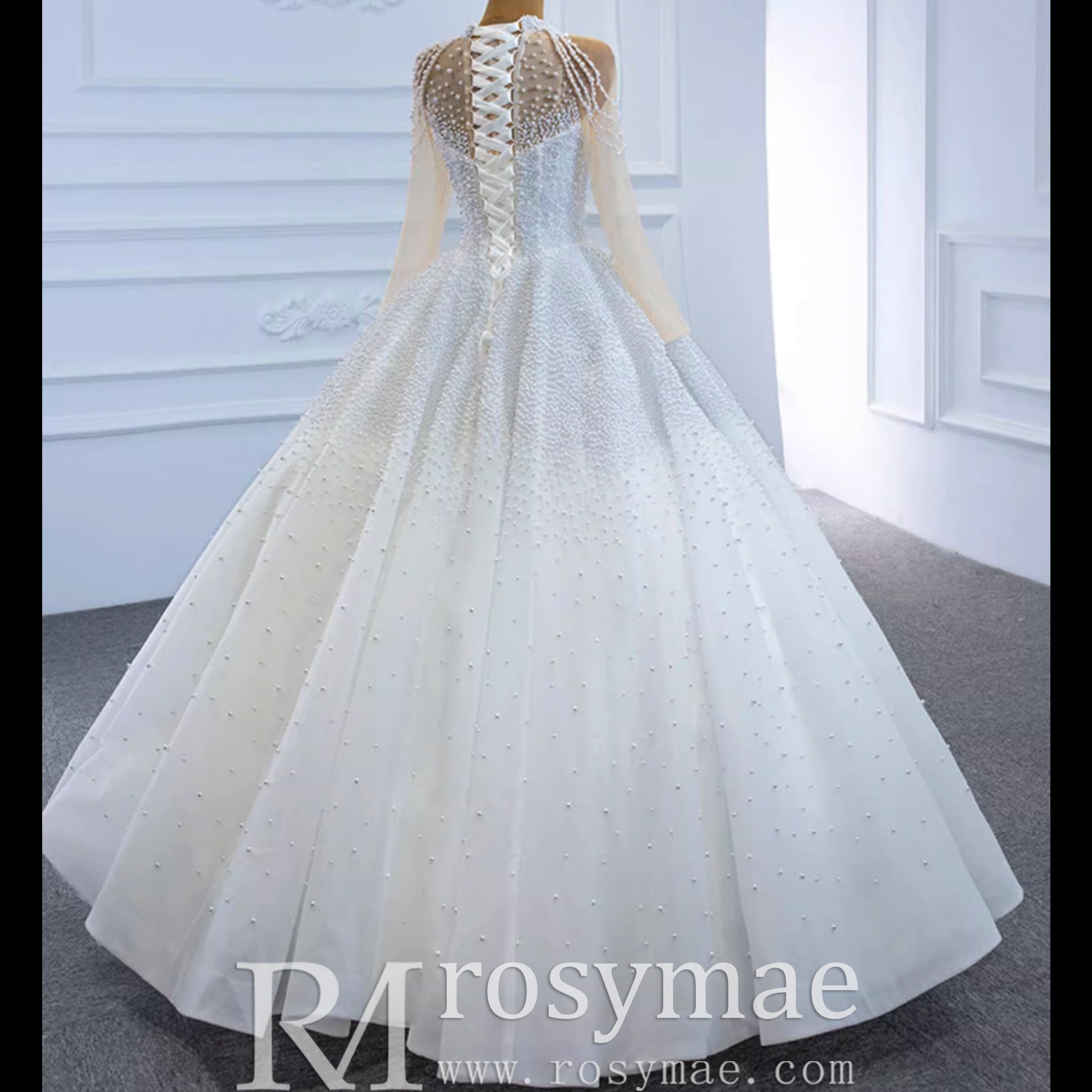 Beaded Pearls Long Sleeve Wedding Dress Luxury O-neck Bridal Gown - Rosymae