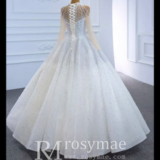 Beaded Pearls Long Sleeve Wedding Dress Luxury O-neck Bridal Gown - Rosymae