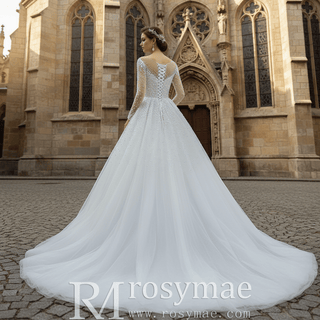 Beaded Pearls Mermaid Long Sleeves Wedding Dress with Overskirt - Rosymae