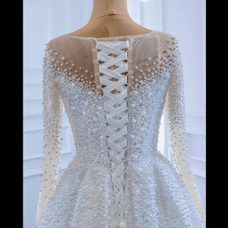 Beaded Pearls Mermaid Long Sleeves Wedding Dress with Overskirt - Rosymae