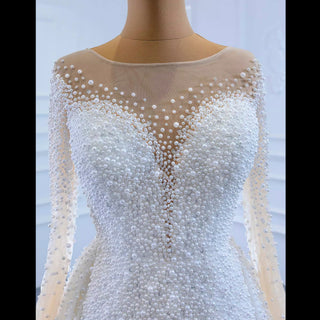 Beaded Pearls Mermaid Long Sleeves Wedding Dress with Overskirt - Rosymae