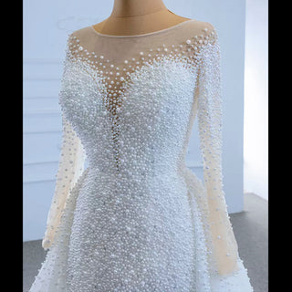 Beaded Pearls Mermaid Long Sleeves Wedding Dress with Overskirt - Rosymae