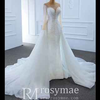 Beaded Pearls Mermaid Long Sleeves Wedding Dress with Overskirt - Rosymae